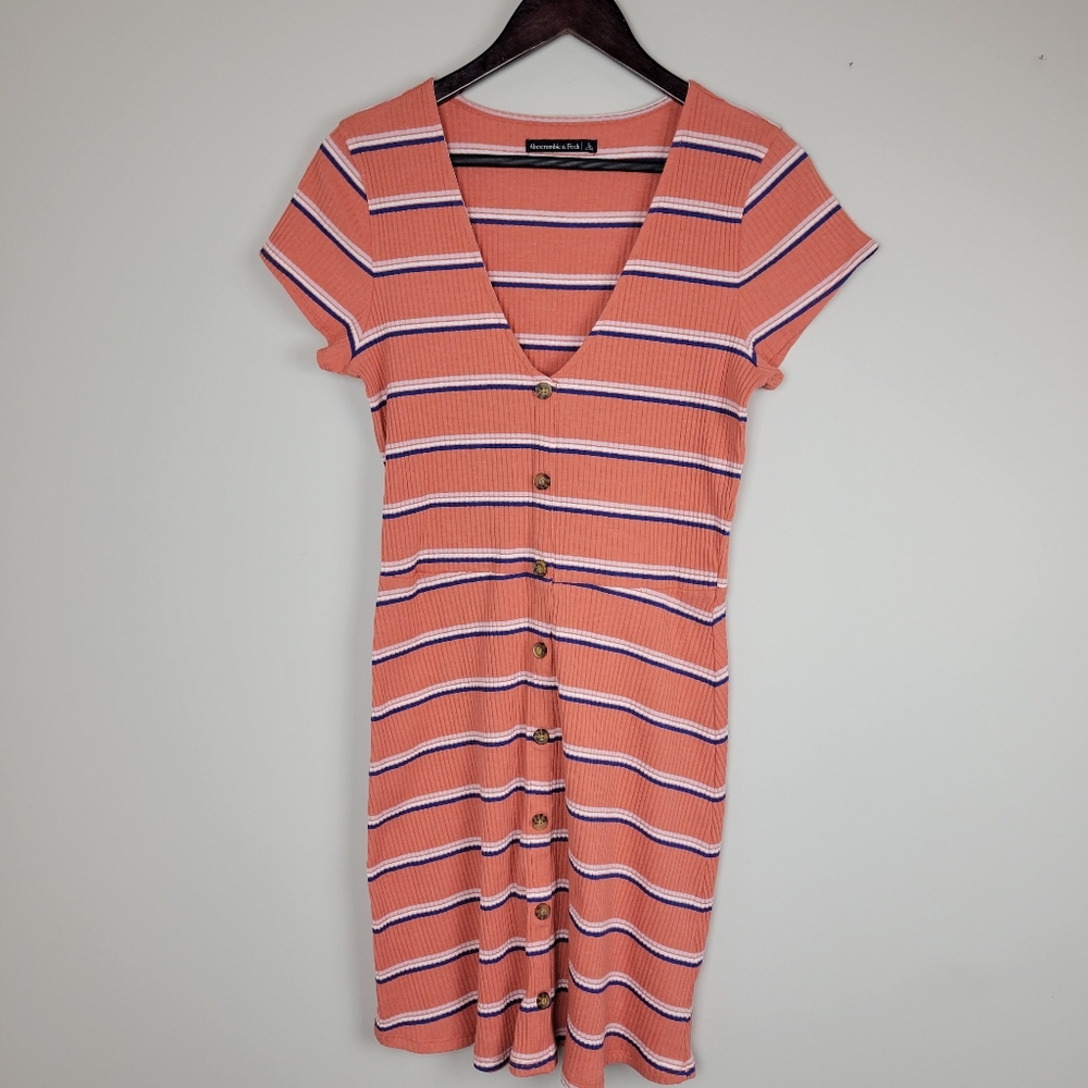 ABERCROMBIE & FITCH Ribbed Knit Striped V-Neck Button Front Dress Size L…